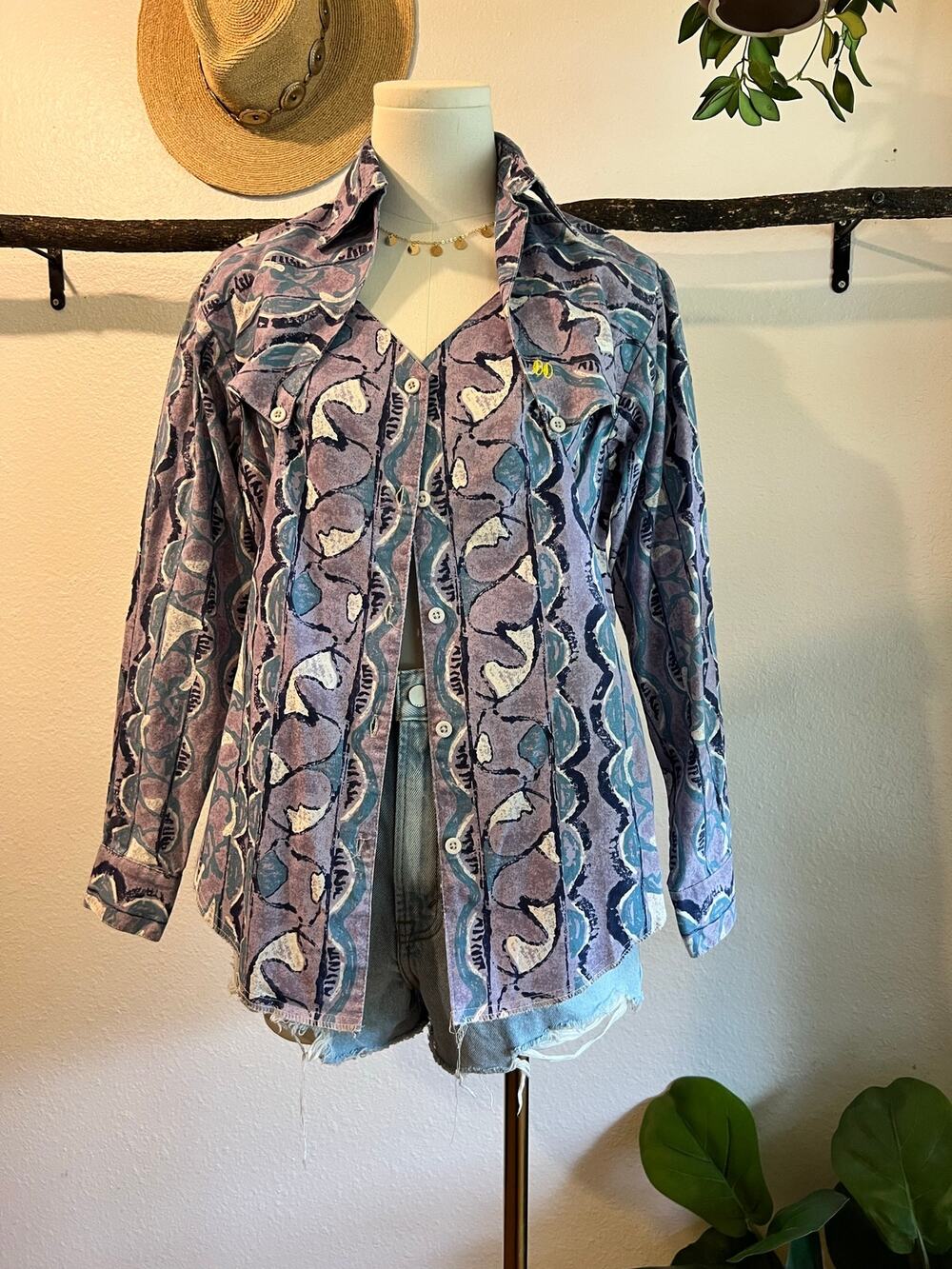The Look USA Vintage Purple Printed Button Down Cotton Shirt Size Small Women's